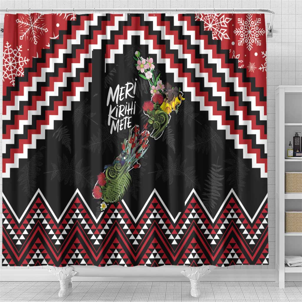 New Zealand Christmas Taniko Poutama Shower Curtain Flora Map with Birds - Polynesian Pride