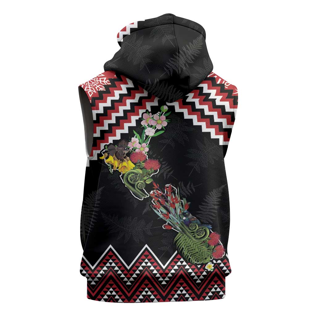 New Zealand Christmas Taniko Poutama Sleeveless Hoodie Flora Map with Birds - Polynesian Pride