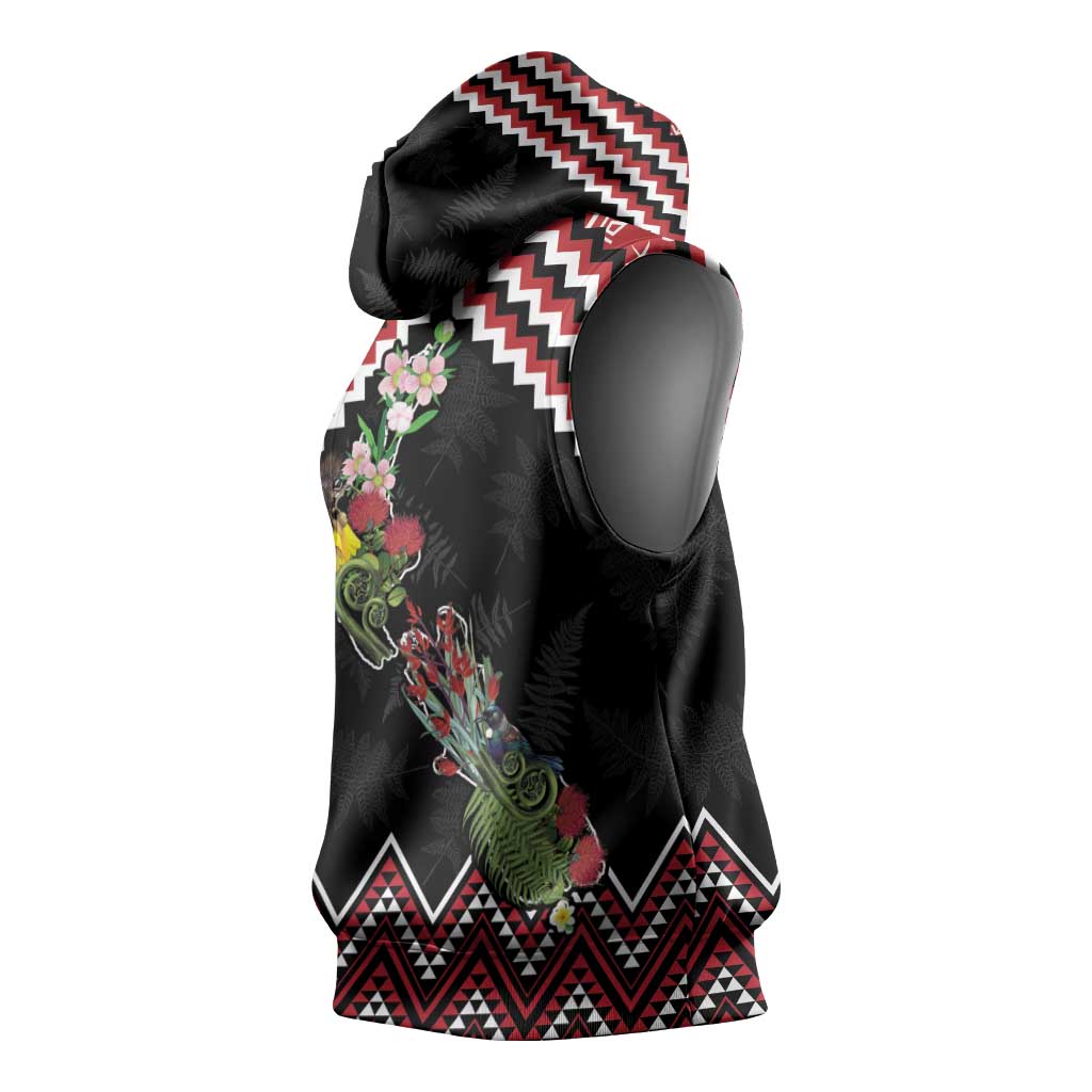 New Zealand Christmas Taniko Poutama Sleeveless Hoodie Flora Map with Birds - Polynesian Pride