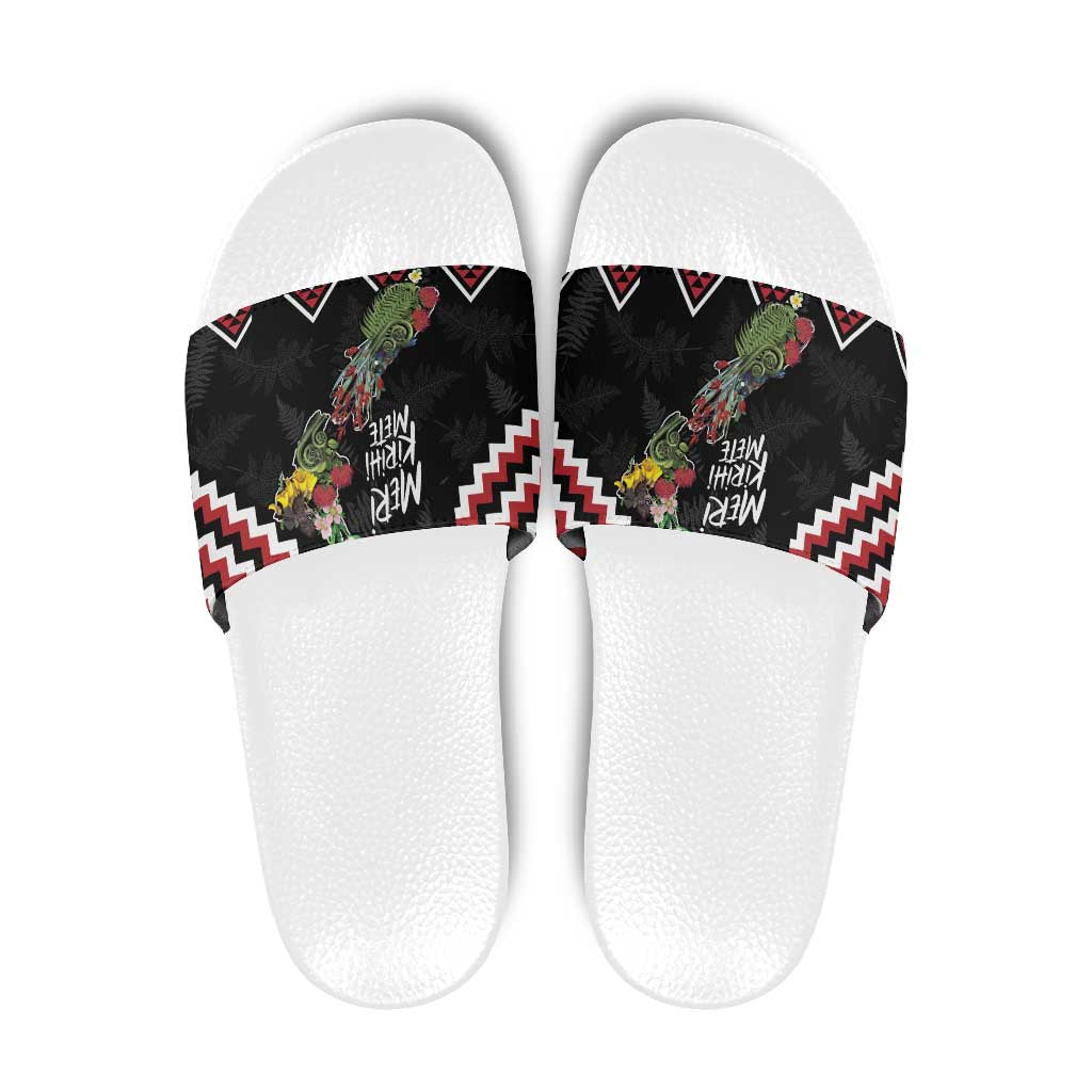 New Zealand Christmas Taniko Poutama Slide Sandals Flora Map with Birds - Polynesian Pride