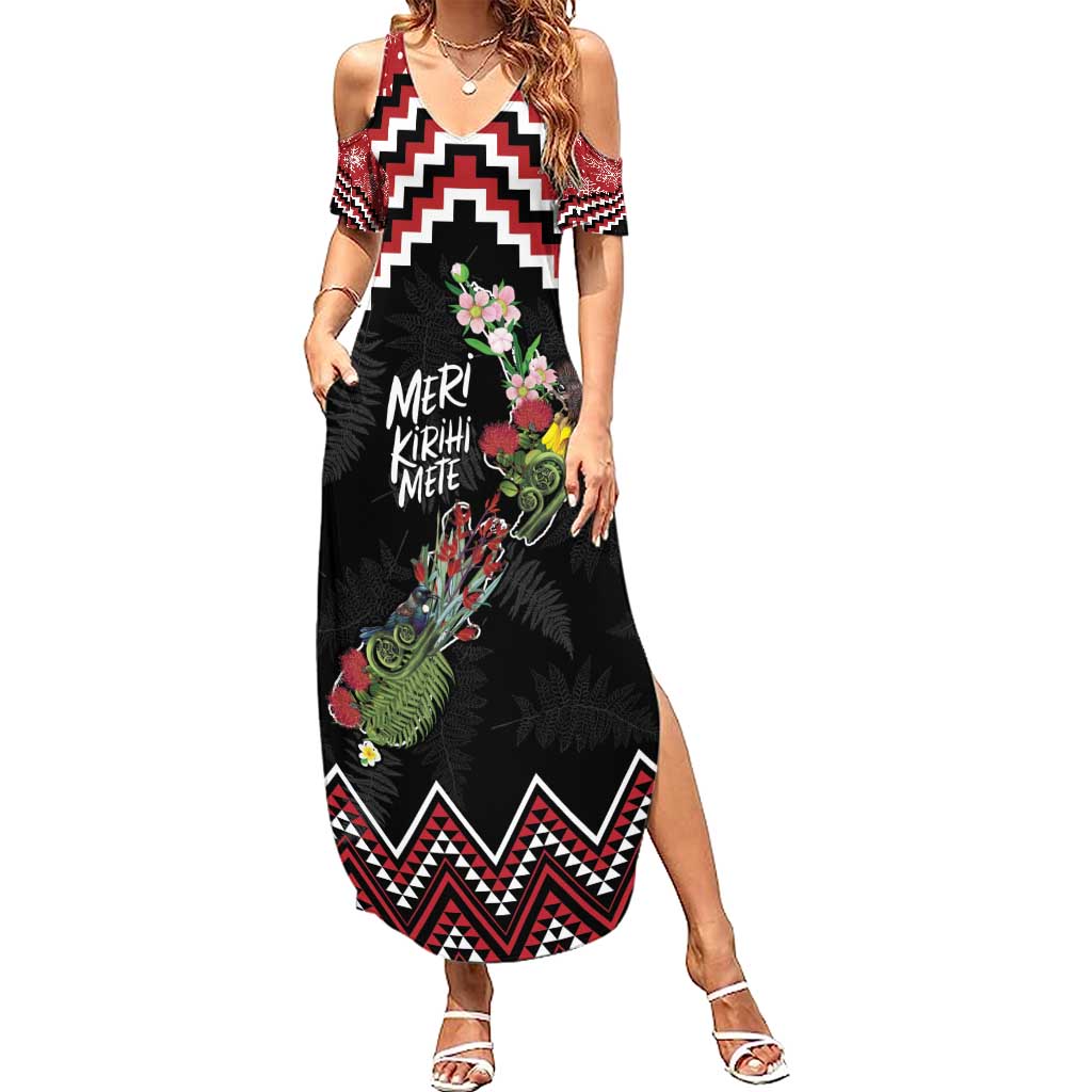 New Zealand Christmas Taniko Poutama Summer Maxi Dress Flora Map with Birds - Polynesian Pride