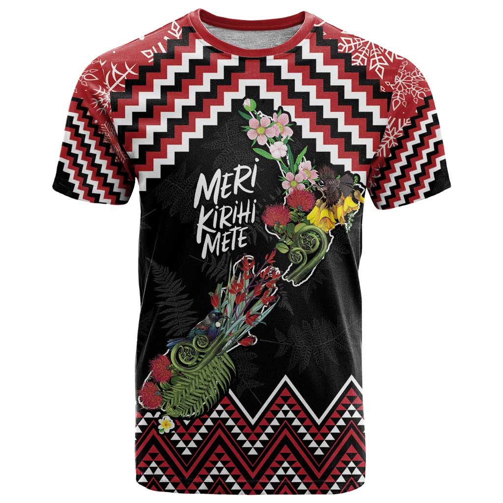 New Zealand Christmas Taniko Poutama T Shirt Flora Map with Birds - Polynesian Pride