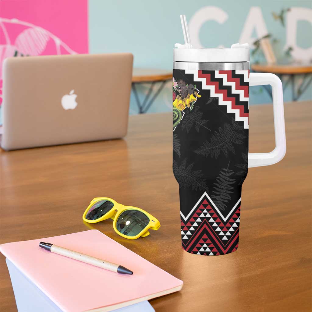 New Zealand Christmas Taniko Poutama Tumbler With Handle Flora Map with Birds - Polynesian Pride