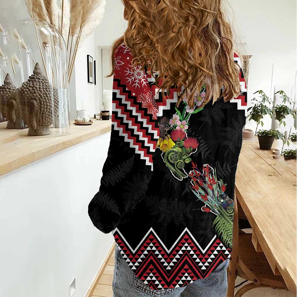 New Zealand Christmas Taniko Poutama Women Casual Shirt Flora Map with Birds - Polynesian Pride