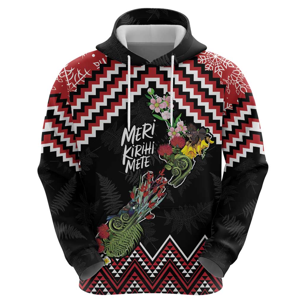 New Zealand Christmas Taniko Poutama Zip Hoodie Flora Map with Birds - Polynesian Pride