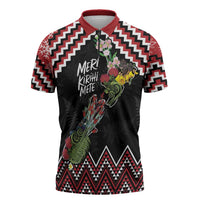 New Zealand Christmas Taniko Poutama Zipper Polo Shirt Flora Map with Birds - Polynesian Pride