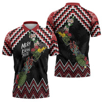New Zealand Christmas Taniko Poutama Zipper Polo Shirt Flora Map with Birds - Polynesian Pride