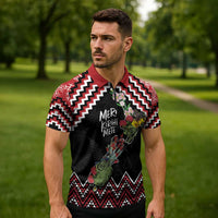 New Zealand Christmas Taniko Poutama Zipper Polo Shirt Flora Map with Birds - Polynesian Pride