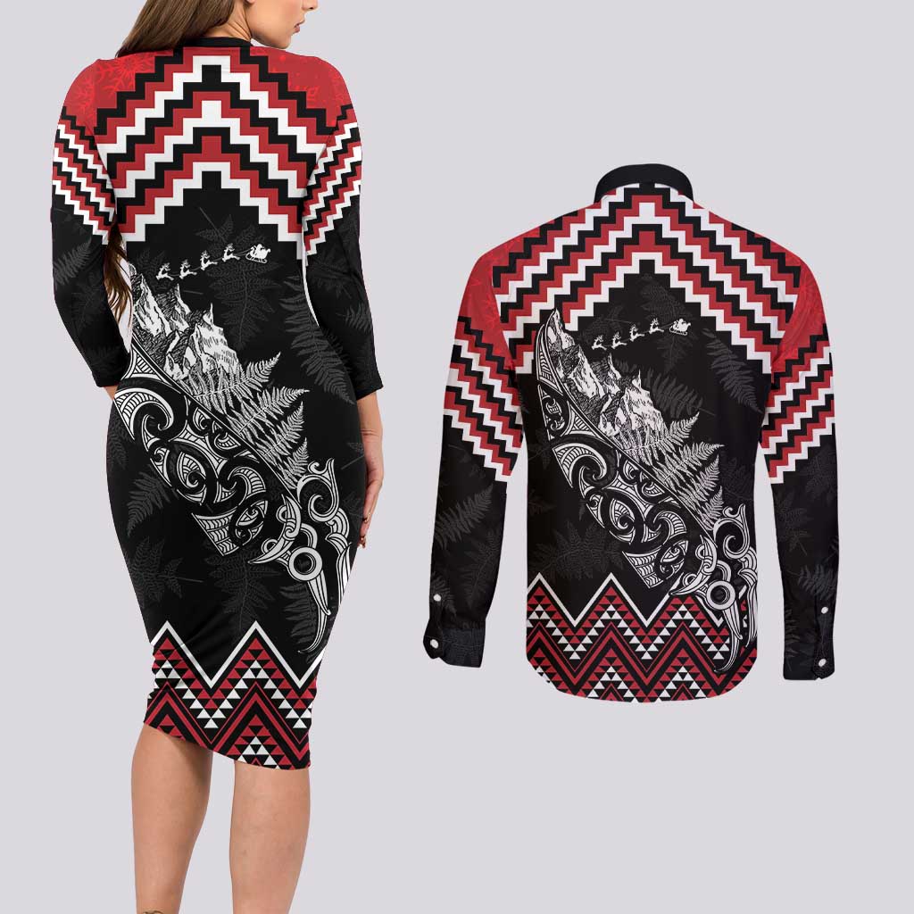 New Zealand Christmas Taniko Poutama Couples Matching Long Sleeve Bodycon Dress and Long Sleeve Button Shirt Mountainscape Maori Fern - Polynesian Pride