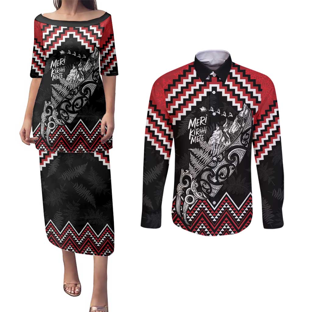 New Zealand Christmas Taniko Poutama Couples Matching Puletasi and Long Sleeve Button Shirt Mountainscape Maori Fern - Polynesian Pride