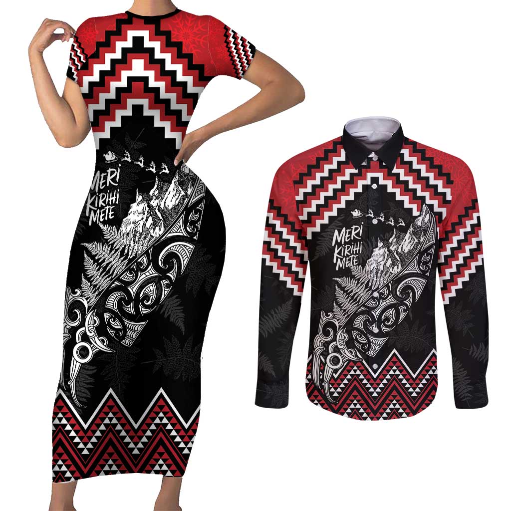 New Zealand Christmas Taniko Poutama Couples Matching Short Sleeve Bodycon Dress and Long Sleeve Button Shirt Mountainscape Maori Fern - Polynesian Pride
