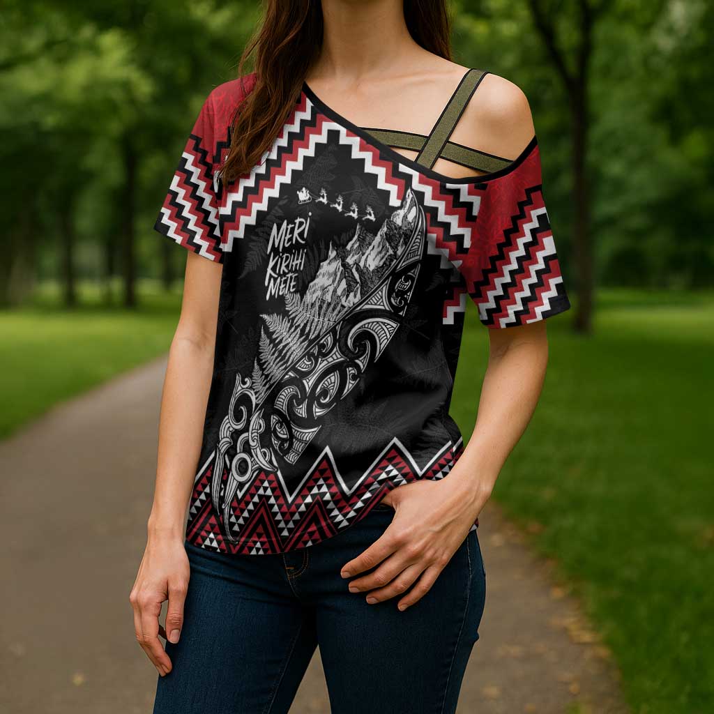 New Zealand Christmas Taniko Poutama Cross Shoulder Shirt Mountainscape Maori Fern - Polynesian Pride