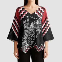 New Zealand Christmas Taniko Poutama Kimono Sleeve Blouse Mountainscape Maori Fern - Polynesian Pride