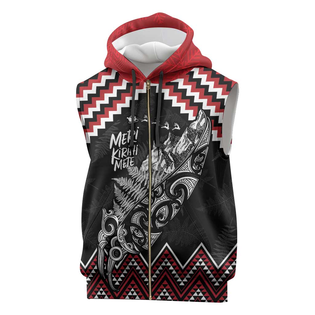 New Zealand Christmas Taniko Poutama Sleeveless Zip Hoodie Mountainscape Maori Fern - Polynesian Pride