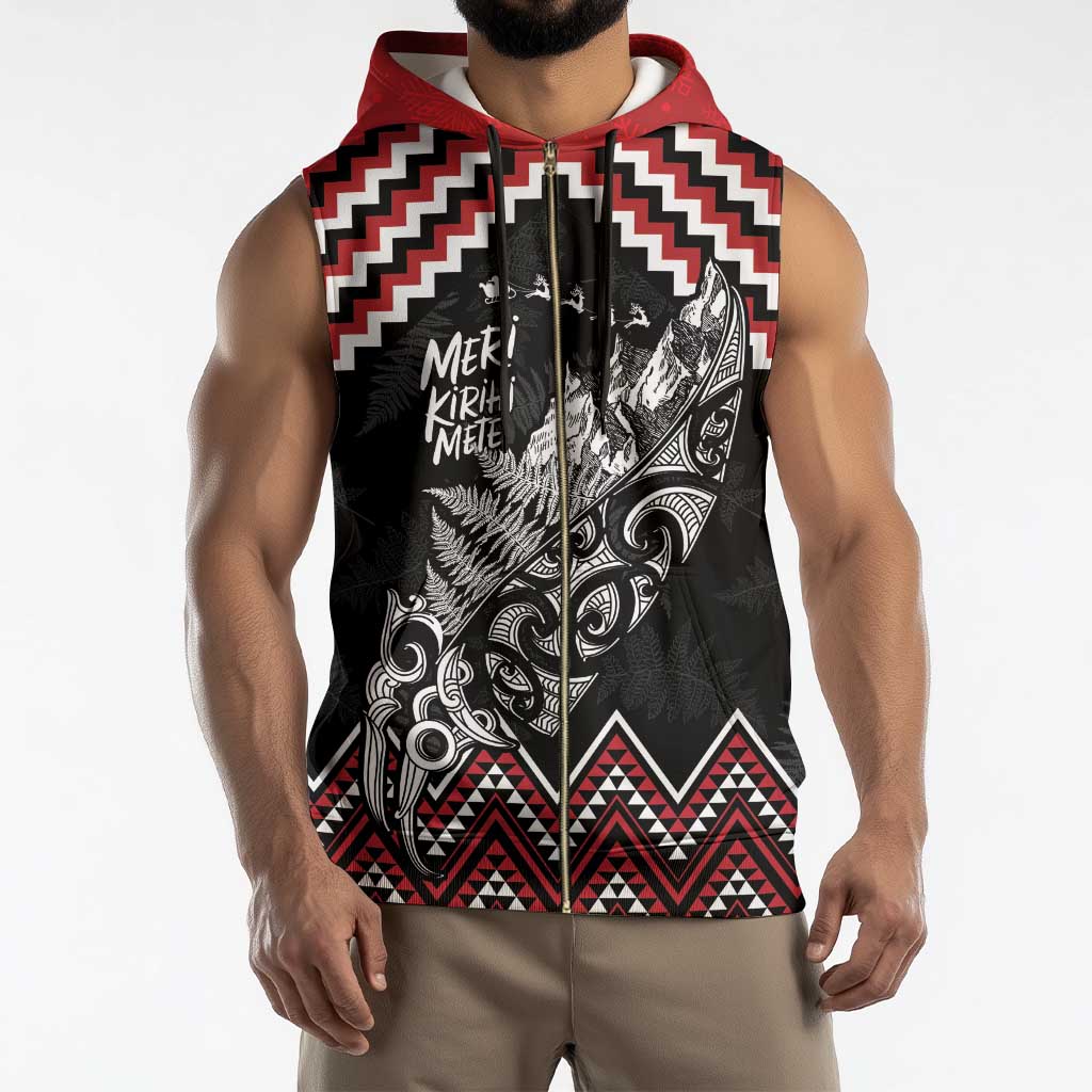 New Zealand Christmas Taniko Poutama Sleeveless Zip Hoodie Mountainscape Maori Fern - Polynesian Pride