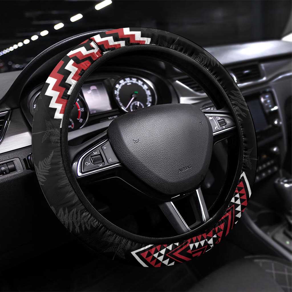 New Zealand Christmas Taniko Poutama Steering Wheel Cover Mountainscape Maori Fern - Polynesian Pride