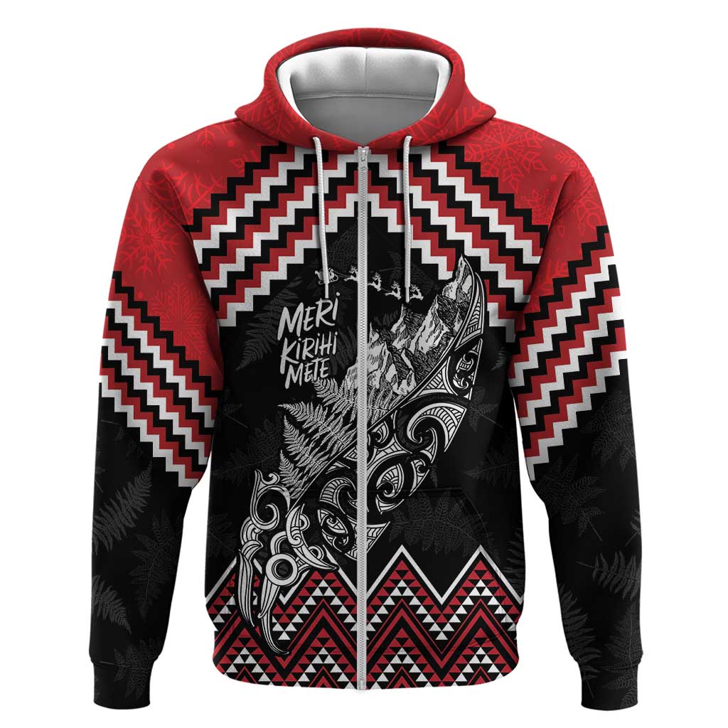 New Zealand Christmas Taniko Poutama Zip Hoodie Mountainscape Maori Fern - Polynesian Pride