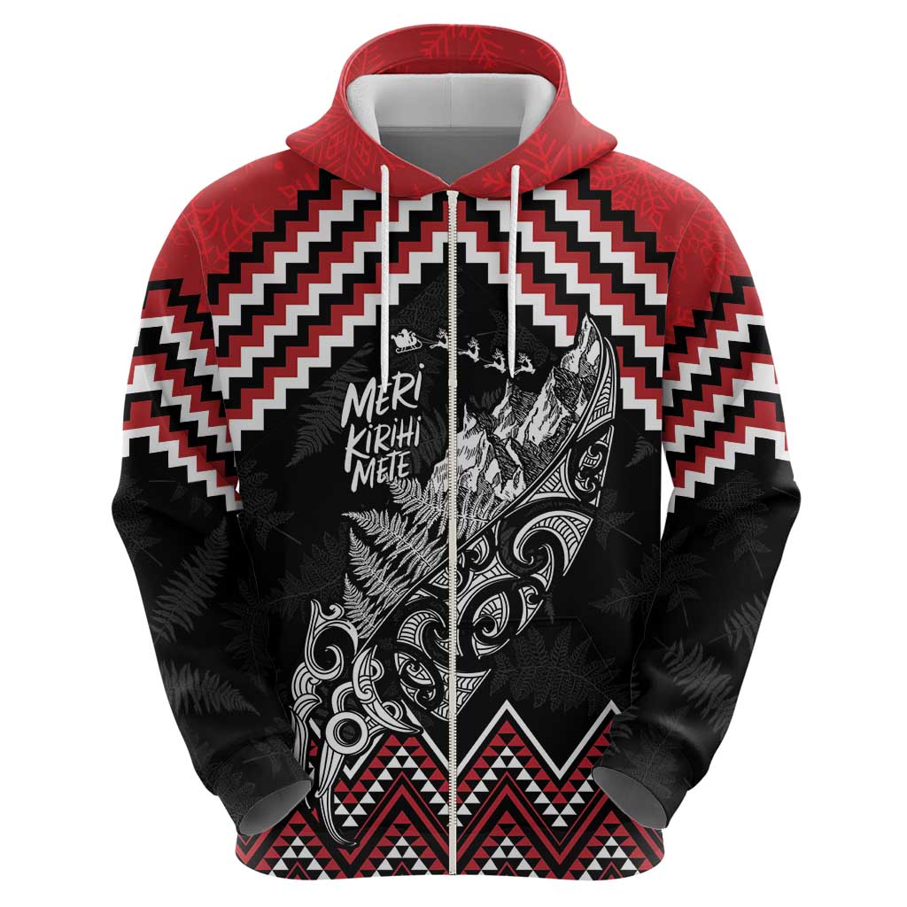 New Zealand Christmas Taniko Poutama Zip Hoodie Mountainscape Maori Fern - Polynesian Pride