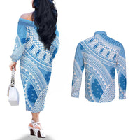 Bula Fiji Classic Masi Tapa Couples Matching Off The Shoulder Long Sleeve Dress and Long Sleeve Button Shirt Turquoise - Polynesian Pride