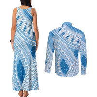 Bula Fiji Classic Masi Tapa Couples Matching Tank Maxi Dress and Long Sleeve Button Shirt Turquoise - Polynesian Pride