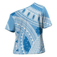 Bula Fiji Classic Masi Tapa Cross Shoulder Shirt Turquoise - Polynesian Pride