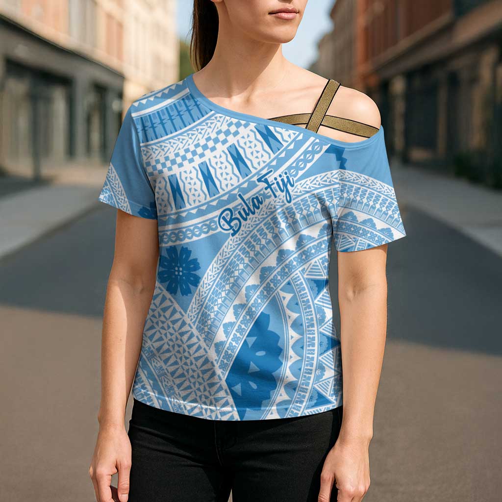 Bula Fiji Classic Masi Tapa Cross Shoulder Shirt Turquoise - Polynesian Pride