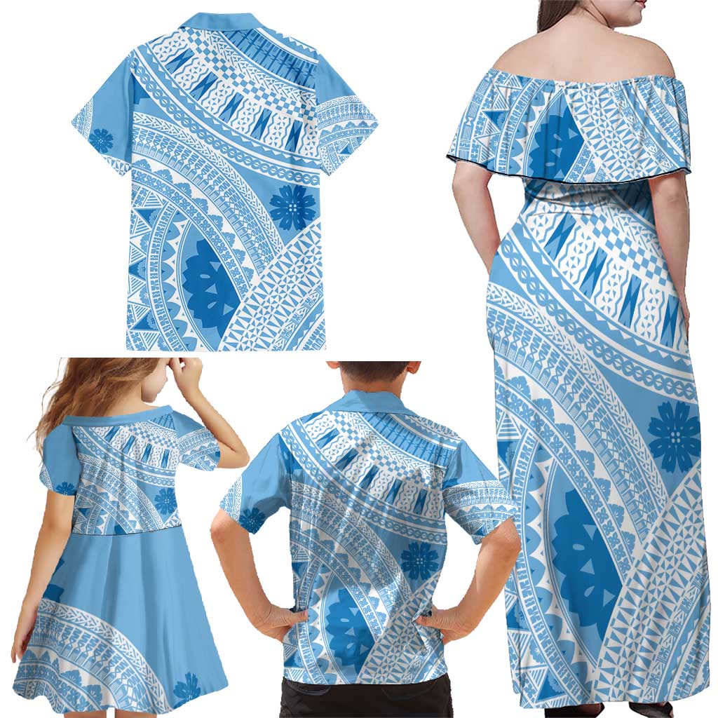 Bula Fiji Classic Masi Tapa Family Matching Off Shoulder Maxi Dress and Hawaiian Shirt Turquoise - Polynesian Pride