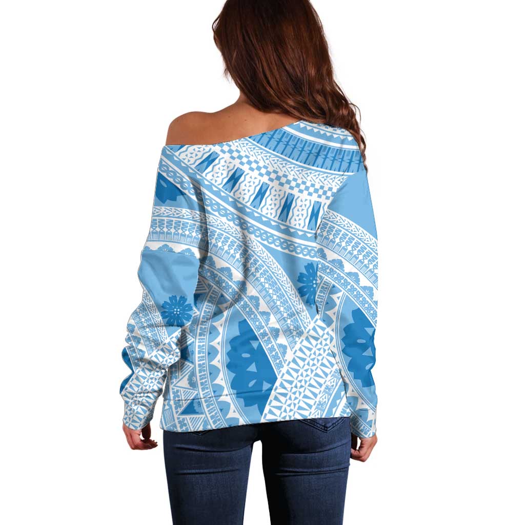 Bula Fiji Classic Masi Tapa Off Shoulder Sweater Turquoise - Polynesian Pride