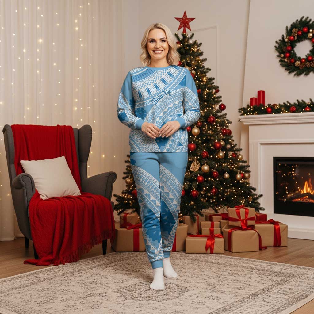 Bula Fiji Classic Masi Tapa Christmas Pajama Set Turquoise - Polynesian Pride