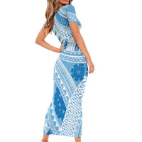 Bula Fiji Classic Masi Tapa Short Sleeve Bodycon Dress Turquoise - Polynesian Pride