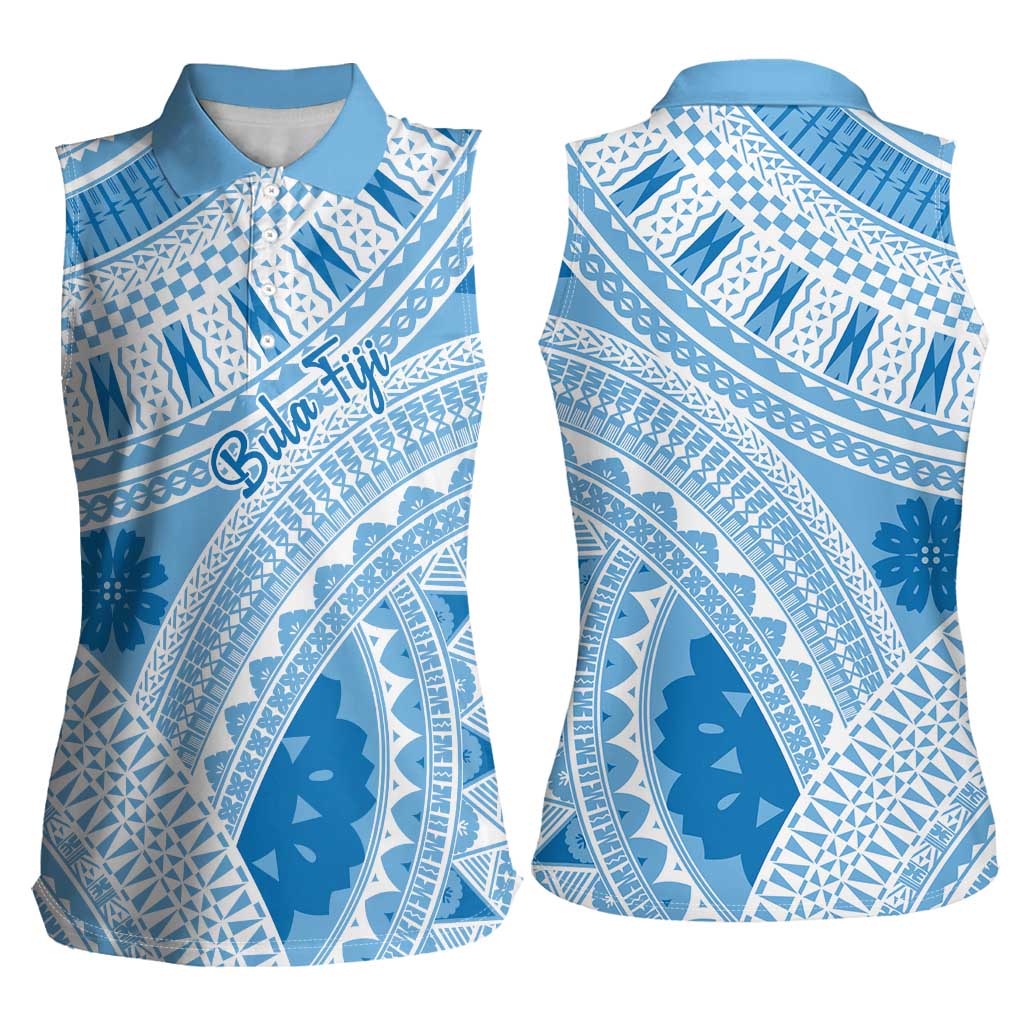 Bula Fiji Classic Masi Tapa Women Sleeveless Polo Shirt Turquoise - Polynesian Pride