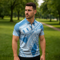 Bula Fiji Classic Masi Tapa Zipper Polo Shirt Turquoise - Polynesian Pride