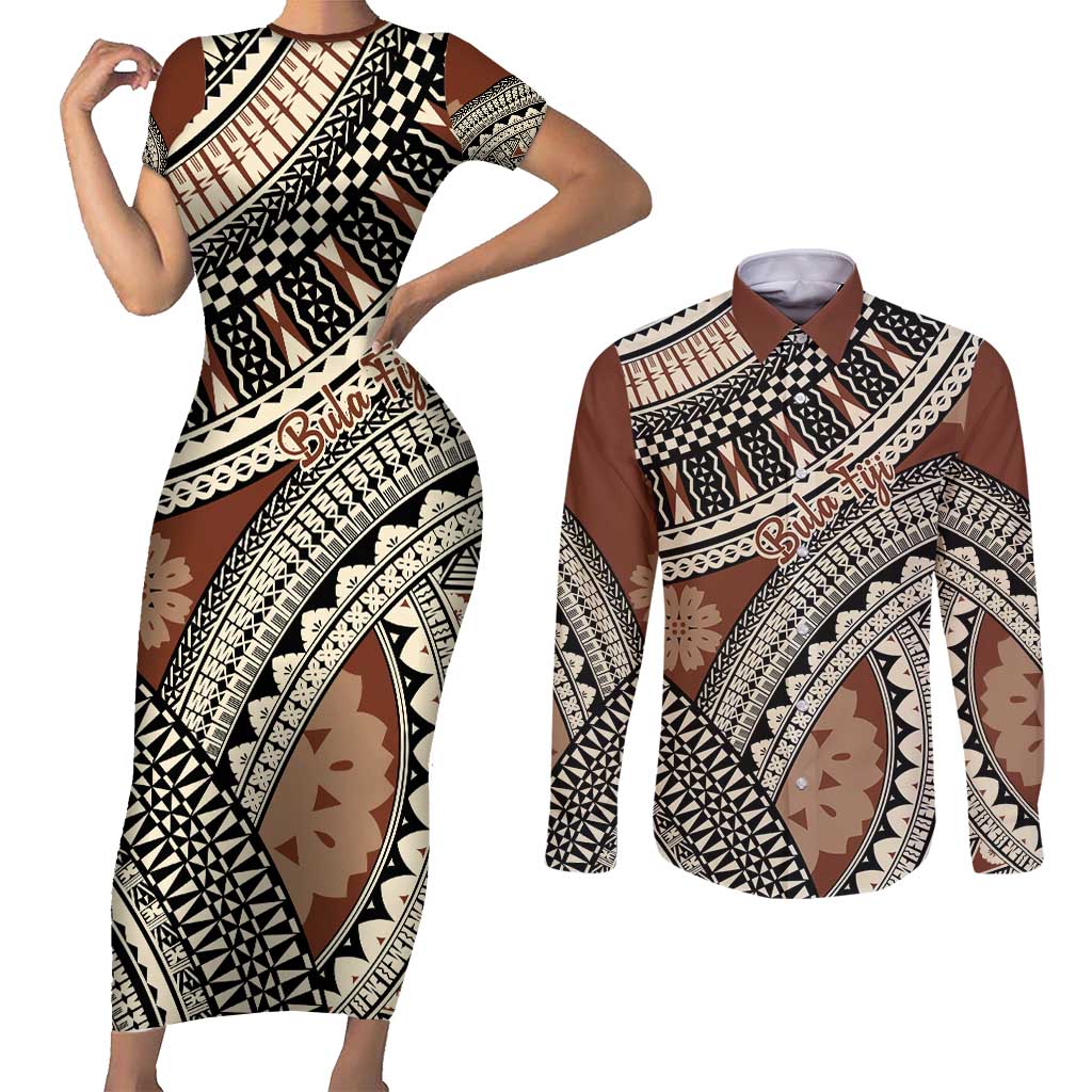 Bula Fiji Classic Masi Tapa Couples Matching Short Sleeve Bodycon Dress and Long Sleeve Button Shirt Vintage Brown - Polynesian Pride