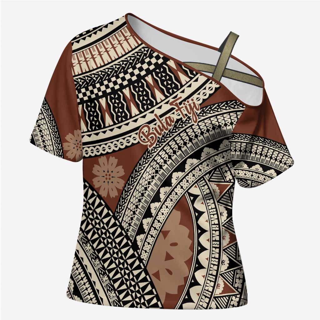 Bula Fiji Classic Masi Tapa Cross Shoulder Shirt Vintage Brown - Polynesian Pride
