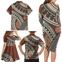 Bula Fiji Classic Masi Tapa Family Matching Long Sleeve Bodycon Dress and Hawaiian Shirt Vintage Brown - Polynesian Pride
