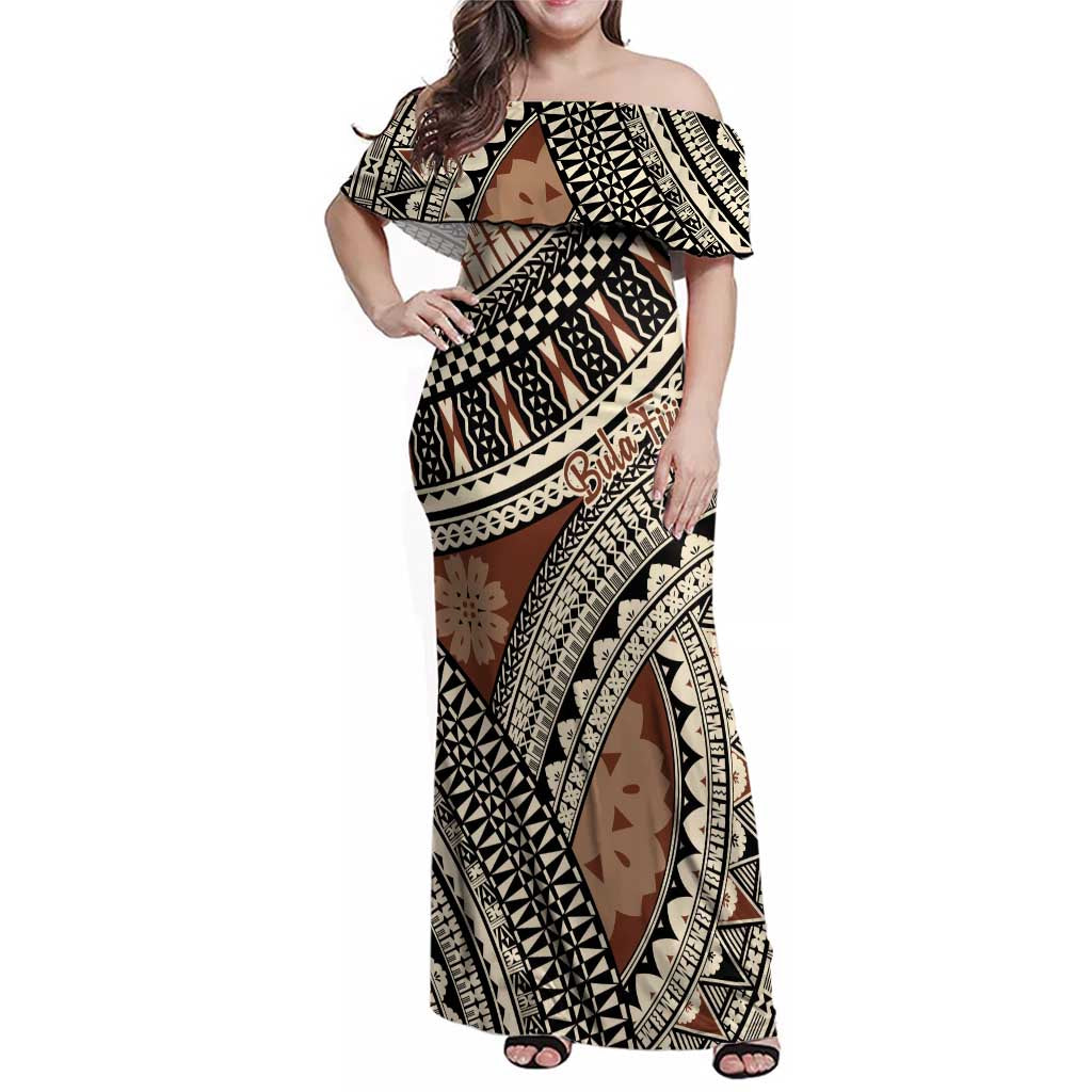 Bula Fiji Classic Masi Tapa Family Matching Off Shoulder Maxi Dress and Hawaiian Shirt Vintage Brown - Polynesian Pride