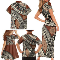 Bula Fiji Classic Masi Tapa Family Matching Short Sleeve Bodycon Dress and Hawaiian Shirt Vintage Brown - Polynesian Pride
