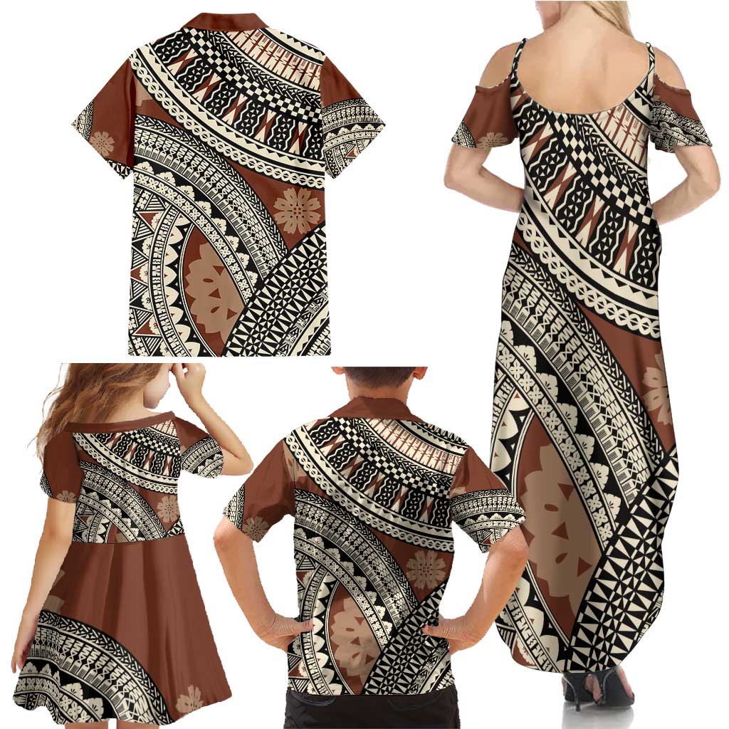 Bula Fiji Classic Masi Tapa Family Matching Summer Maxi Dress and Hawaiian Shirt Vintage Brown - Polynesian Pride
