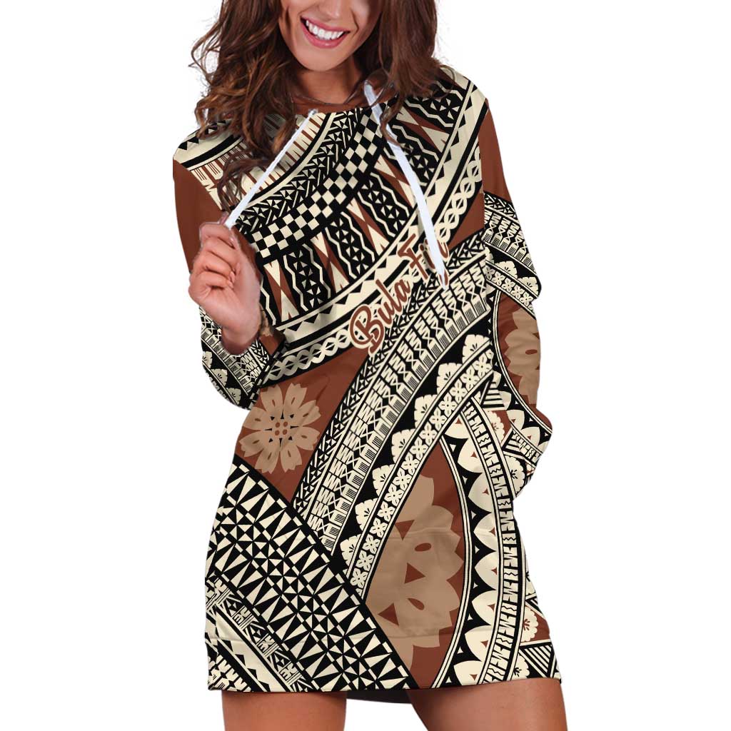Bula Fiji Classic Masi Tapa Hoodie Dress Vintage Brown - Polynesian Pride