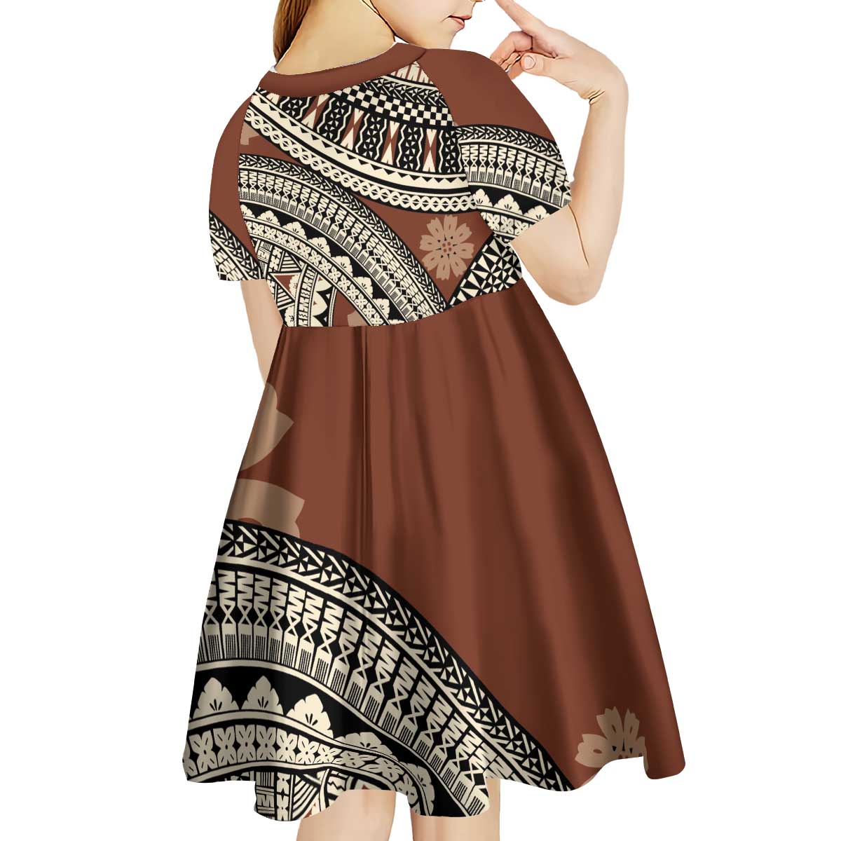 Bula Fiji Classic Masi Tapa Kid Short Sleeve Dress Vintage Brown - Polynesian Pride