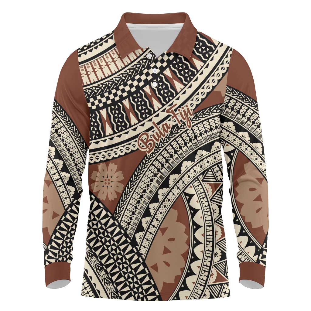 Bula Fiji Classic Masi Tapa Long Sleeve Polo Shirt Vintage Brown - Polynesian Pride