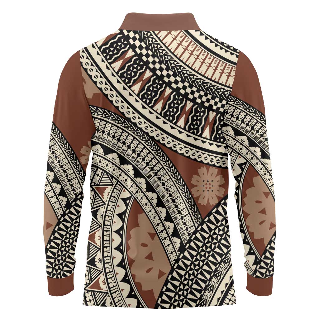 Bula Fiji Classic Masi Tapa Long Sleeve Polo Shirt Vintage Brown - Polynesian Pride