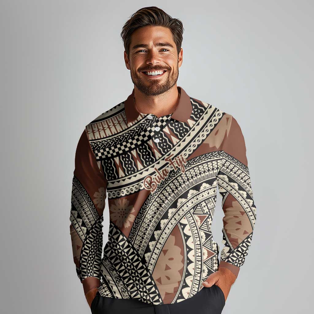 Bula Fiji Classic Masi Tapa Long Sleeve Polo Shirt Vintage Brown - Polynesian Pride
