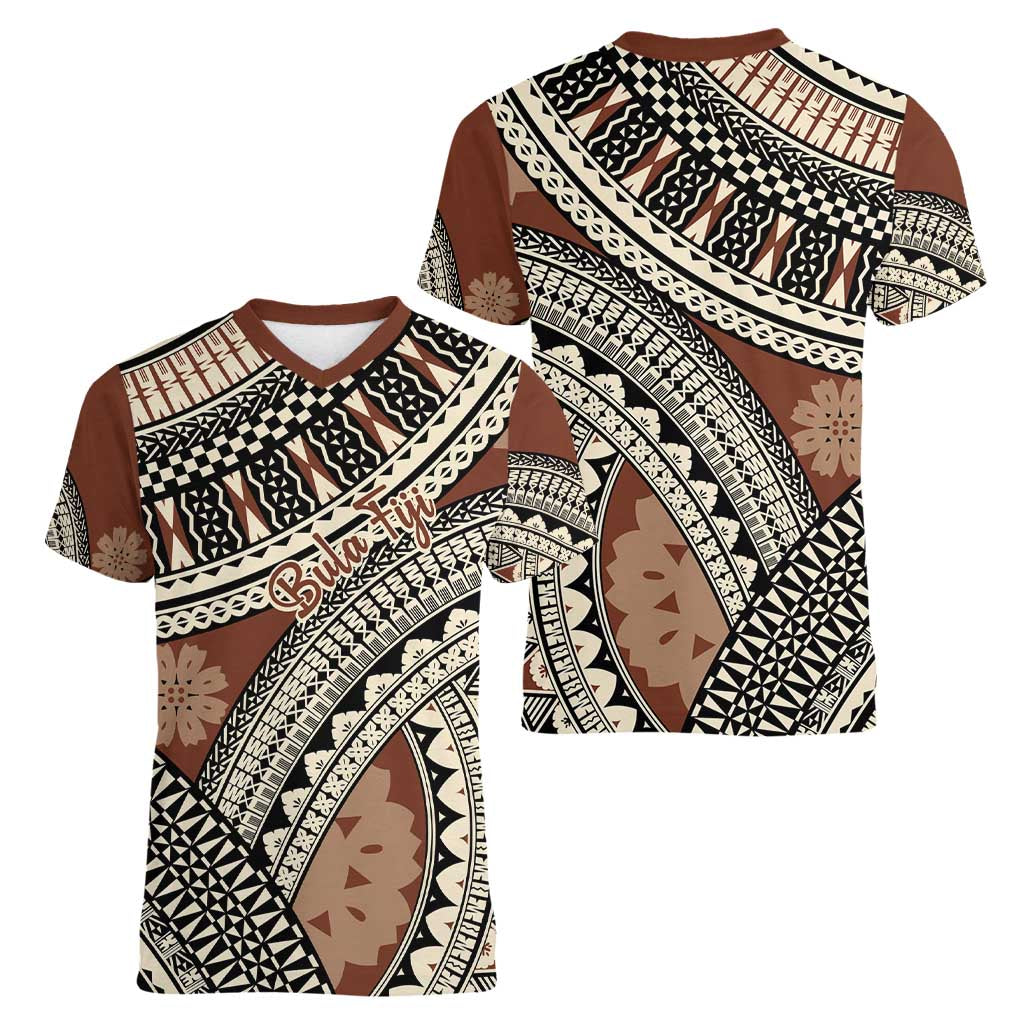 Bula Fiji Classic Masi Tapa Women V-Neck T-Shirt Vintage Brown - Polynesian Pride