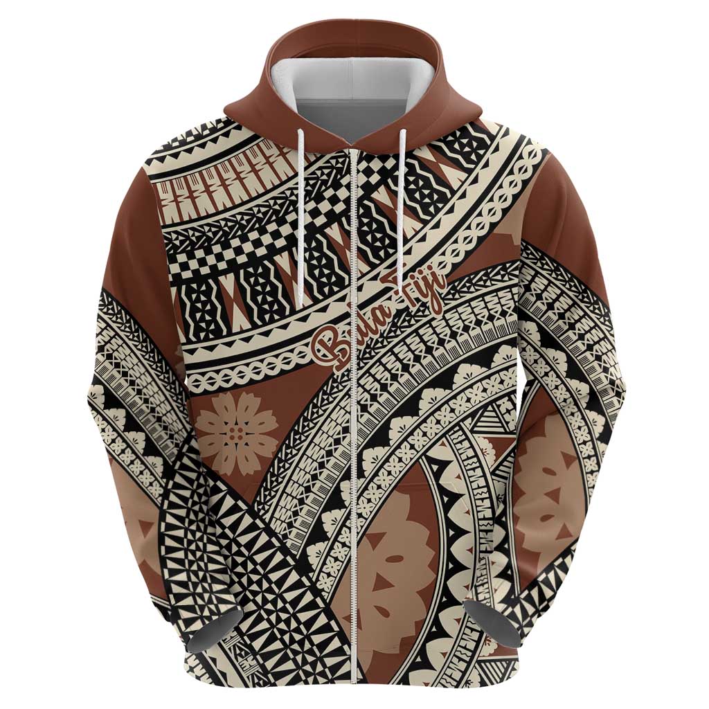 Bula Fiji Classic Masi Tapa Zip Hoodie Vintage Brown - Polynesian Pride