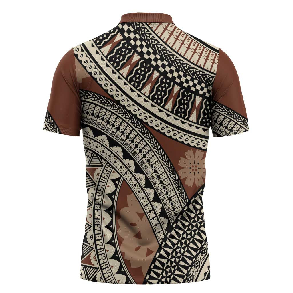 Bula Fiji Classic Masi Tapa Zipper Polo Shirt Vintage Brown - Polynesian Pride
