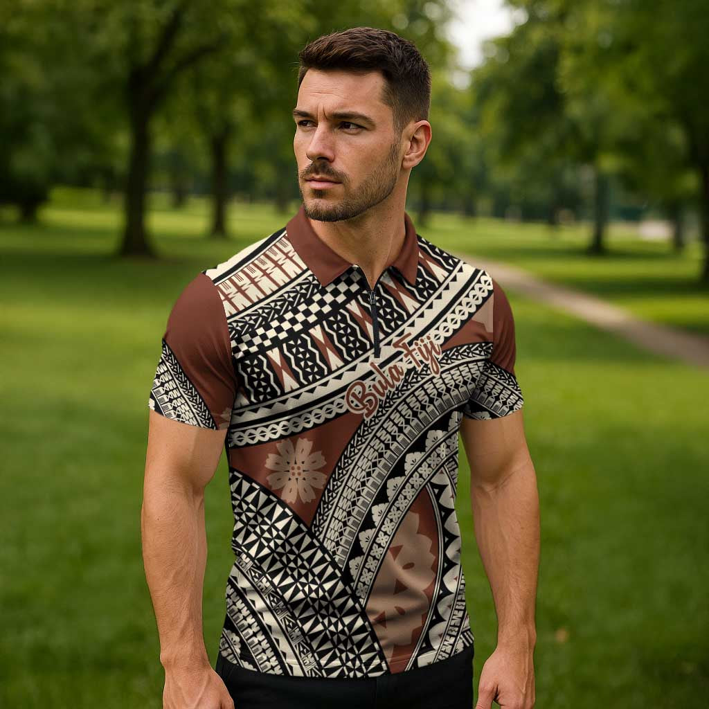 Bula Fiji Classic Masi Tapa Zipper Polo Shirt Vintage Brown - Polynesian Pride