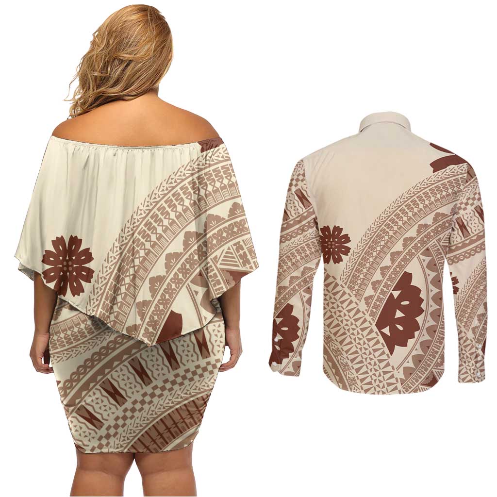 Bula Fiji Classic Masi Tapa Couples Matching Off Shoulder Short Dress and Long Sleeve Button Shirt Vintage Beige - Polynesian Pride