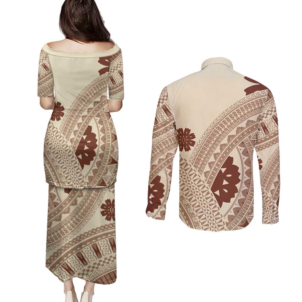 Bula Fiji Classic Masi Tapa Couples Matching Puletasi and Long Sleeve Button Shirt Vintage Beige - Polynesian Pride