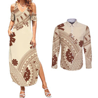 Bula Fiji Classic Masi Tapa Couples Matching Summer Maxi Dress and Long Sleeve Button Shirt Vintage Beige - Polynesian Pride